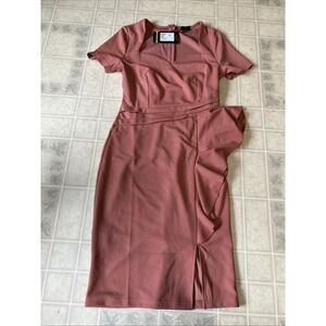 Retro Housewife Cocktail Chalk Pink Sweetheart Sheath Dress Small Ruffle front